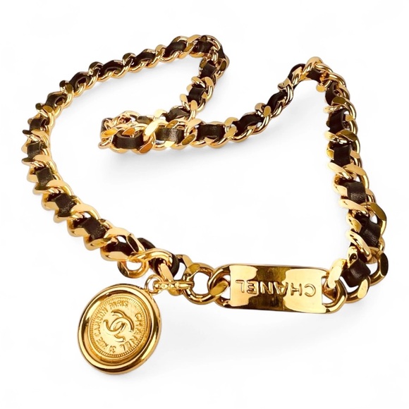 CHANEL Vintage Black Leather Gold Chain Link CC Coin Necklace/Belt - Picture 1 of 7